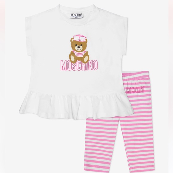MOSCHINO BABY GIRLS RUFFLED T SHIRT & LEGGINGS SET PINK